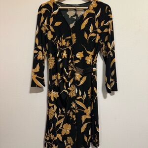 Luxology Faux Wrap Black and Gold Floral Dress